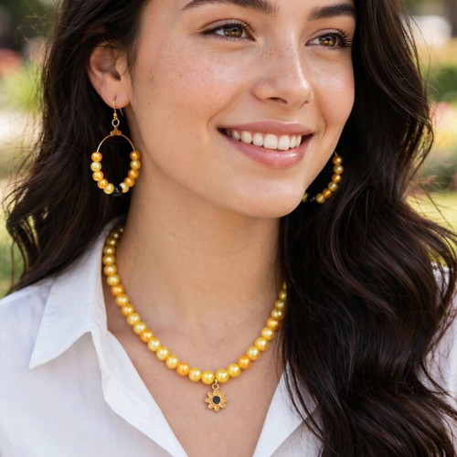 yellow beaded summer necklace and earrings set