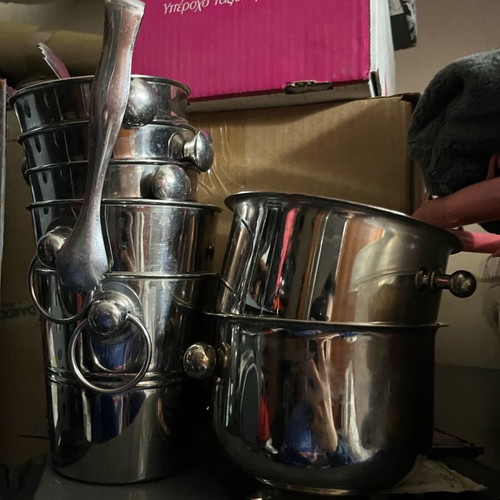 Individual stainless steel champagne buckets and tongs like new