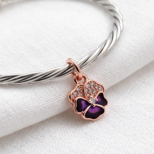 Pandora Deep Purple Pansy Flower Dangle Charm new, 14k rose gold