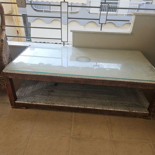 Bamboo outdoor set with 2 chairs and glass table used