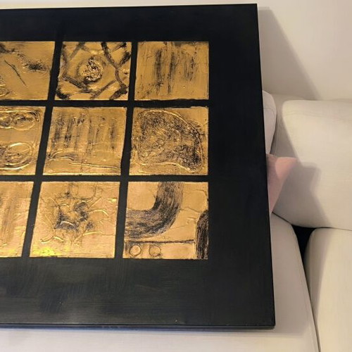 Handmade Embossed Wall Art 100x100 cm, Black & Gold Bronze