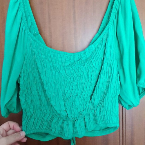 Anel women's crop top Large new, green cotton, puff sleeve