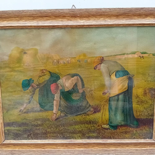 Vintage lithograph framed print used, copy of Jean-Fransois Millet's The Gleaners