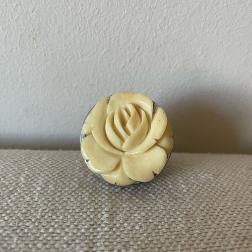 Statement ring handmade from Italy with wood and carved bone flower