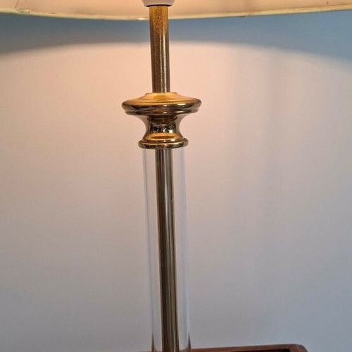 Table lamp used, 1960s plexiglass with fabric shade Hollywood Regency style