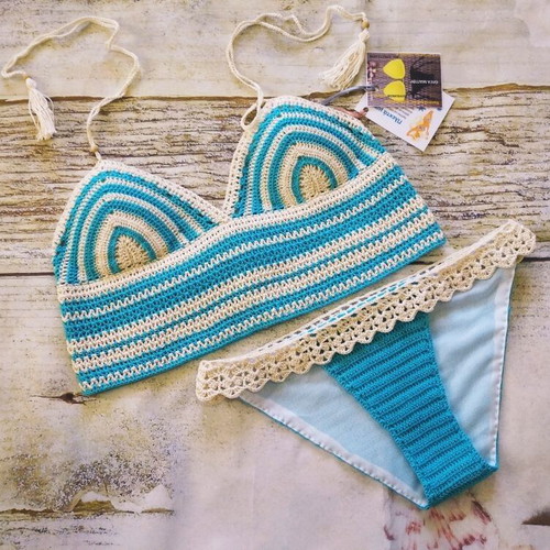 Handmade knitted swimsuit new, size M/L, beige and turquoise