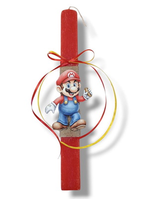 Παιδική λαμπάδα Mario 30εκ καινούργια, κόκκινη με ξύλινη φιγούρα
