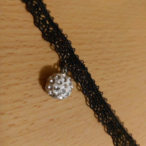 Black lace choker with white hanging rhinestone ball new