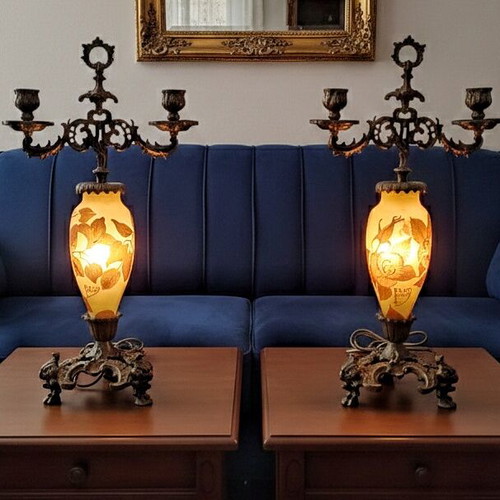 Brass candelabra like new with vase, Daum Nancy lamps