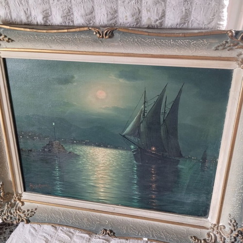 Alex Brickman oil painting used, Night Seascape with sailboat