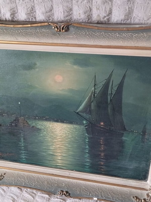 Alex Brickman oil painting used, Night Seascape with sailboat