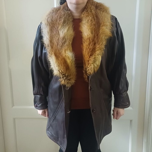 Leather jacket with real fur collar used, brown