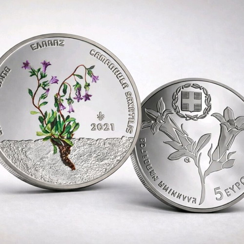 5€ Coin Greece 2021 Proof like Campanula saxatilis blister collectible