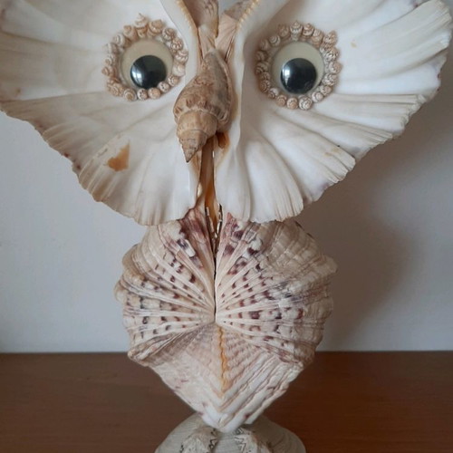 Decorative owl figurine made of large shells used