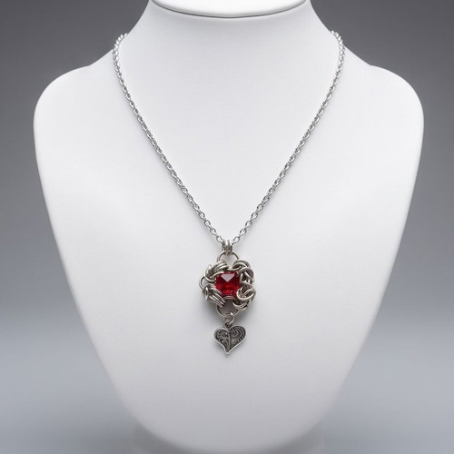Steel necklace adjustable 40–50 cm with handmade Byzantine pendant and red stone