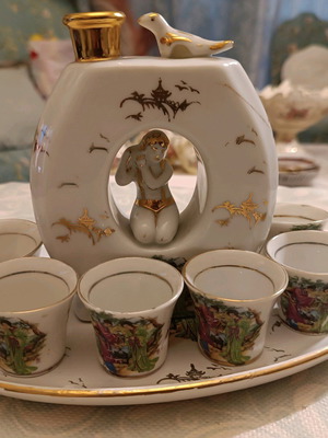 Porcelain liqueur set with geishas used, lithophane vintage
