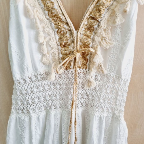 Pure long dress white with embroidery and knitted details, new, one size