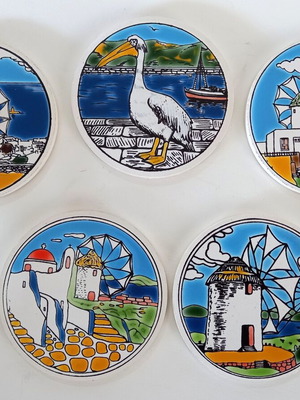 Set of 5 handmade ceramic round coasters used with windmills and pelican