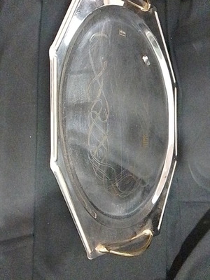 Винтидж inox поднос за сервиране употребяван с позлатени детайли и дръжки