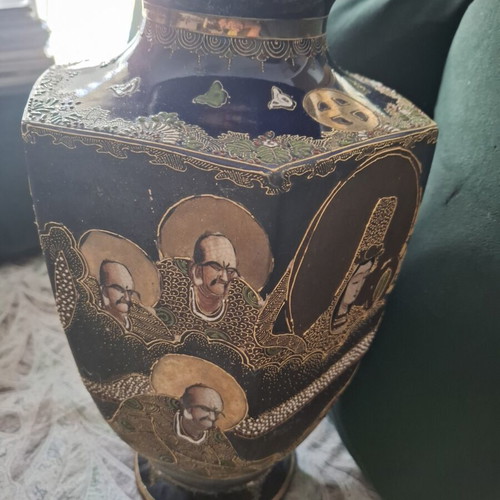 Japanese Kutani decorative vase used, 38 cm, Moriage cobalt blue