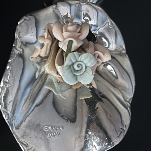 Vintage Italian Silver 999 Bonbonniere used, porcelain decoration