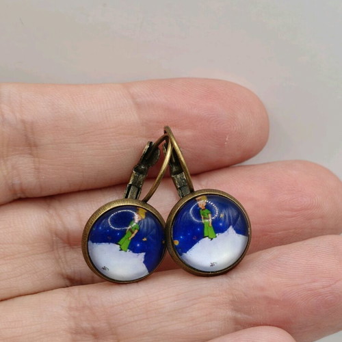 Little Prince dangling earrings new, bronze base, blue