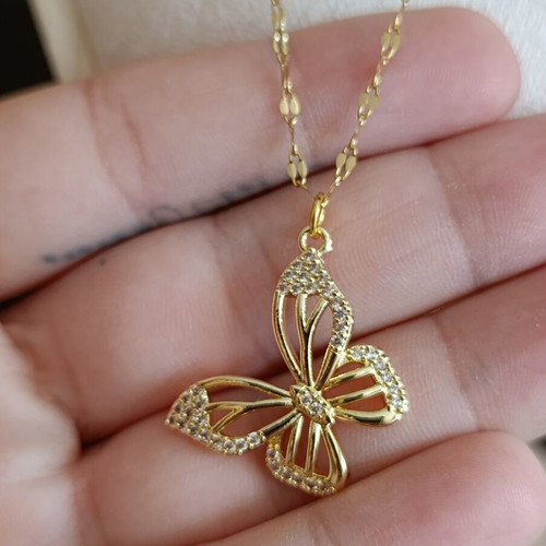 Butterfly necklace with zircon, like new, stainless steel, gold color