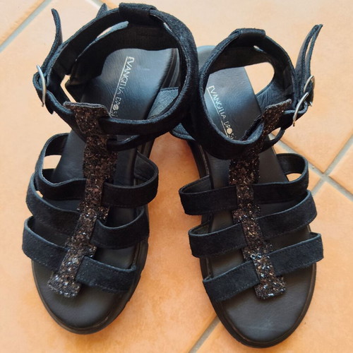 Evangelia Drosi women's leather gladiator sandals glitter black size 40