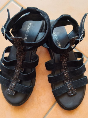 Evangelia Drosi women's leather gladiator sandals glitter black size 40