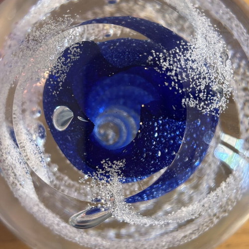 Bohemian Crystal Paperweight with Blue and White Swirls like new