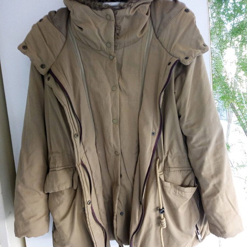 Pull & Bear parka jacket, beige, warm, removable hood, size L