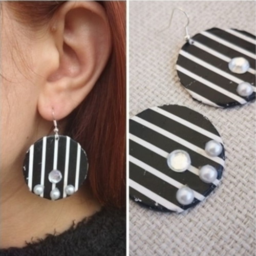 Earrings handmade black and white stripes with strass and pearls