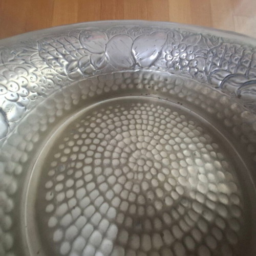 Decorative Metal Vintage Fruit Bowl with Embossed Fruits and Hammered Texture
