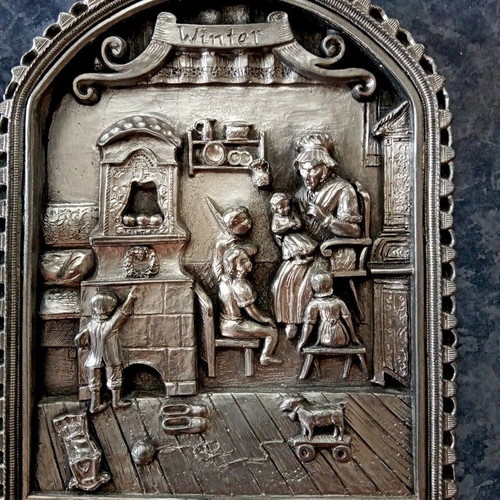 Set of three Zinn relief tin paintings Handarbeit