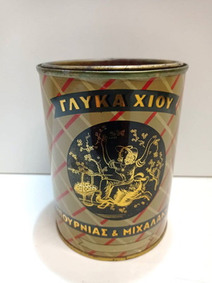Tin box from the 1960s like new "ΓΛΥΚΑ ΧΙΟΥ ΜΠΟΥΡΝΙΑ & ΜΙΧΑΛΑΚΗ"
