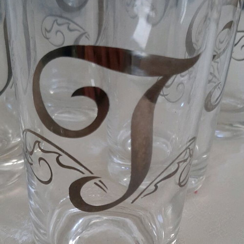 Water glasses used with monogram T, set of 7, silver