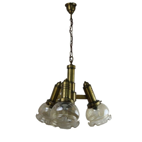 Three-light ceiling lamp brass and glass, new, 1950s