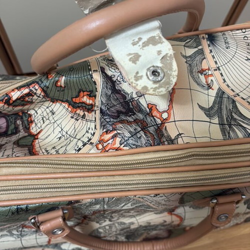 Vintage World Map suitcase used with wheels and telescopic handle