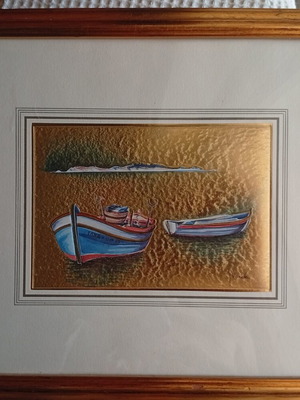 Classic folk art seascape with embossed gold background
