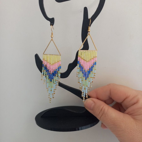 Handmade earrings with pastel tassels, gold triangle and steel hook