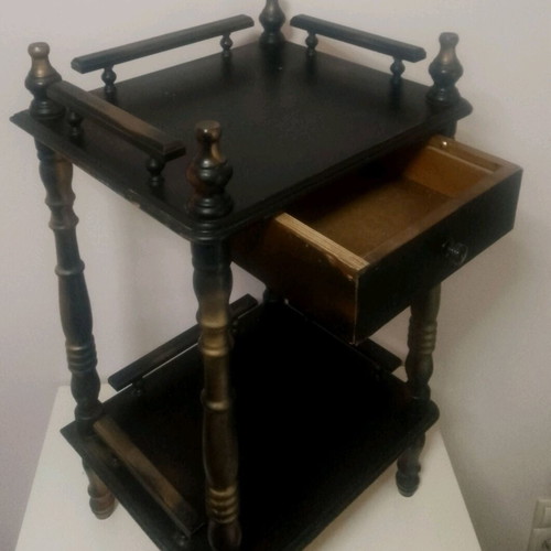 Wooden nightstand used vintage with two shelves and drawer