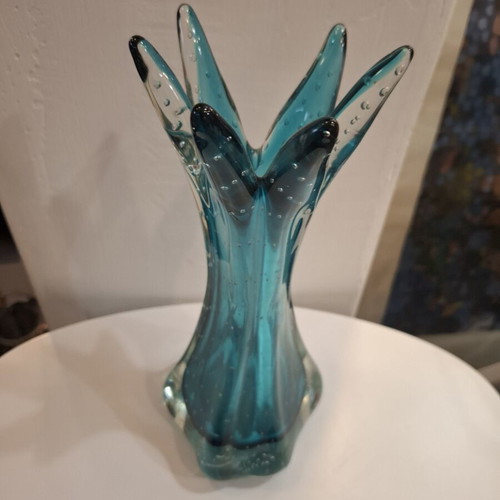 Teal Bubble Sommerso Seguso Murano glass vase used, 1970s Italy