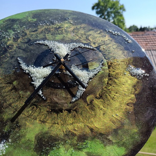 Handmade wall clock with liquid glass biohazard design