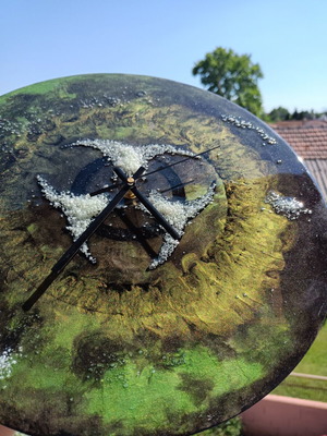 Handmade wall clock with liquid glass biohazard design