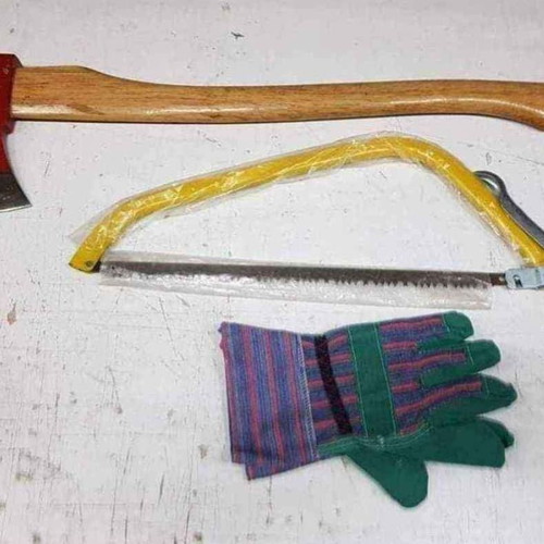 Set of saw, axe and gloves new