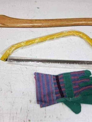 Set of saw, axe and gloves new