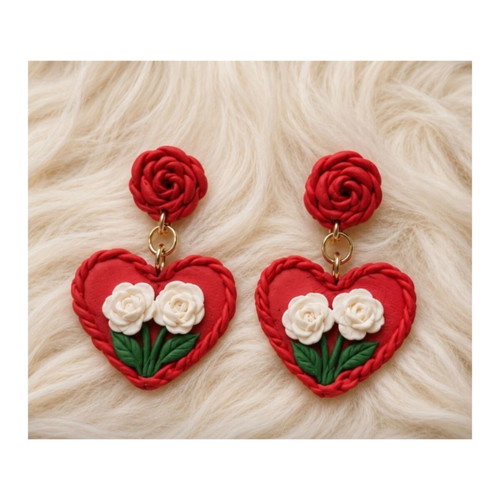 Handmade earrings, red and white hearts