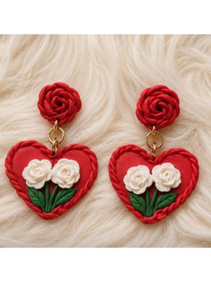 Handmade earrings, red and white hearts