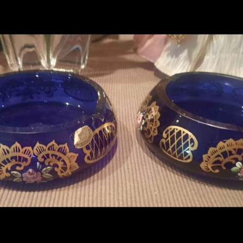 Bohemia glass ashtrays used, Czechoslovakia, cobalt color, hand-painted