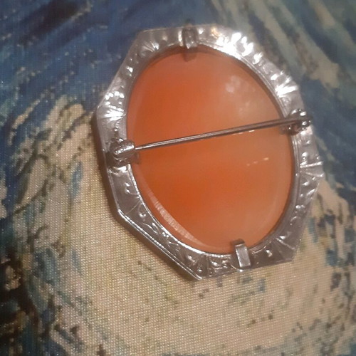 Vintage brooch like new with silver frame and carved bone relief